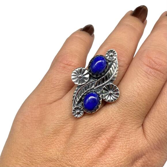Lapis Lazuli Ring Size 7 Solid Sterling Silver 925 Western Boho Blue Stone - Picture 4 of 10
